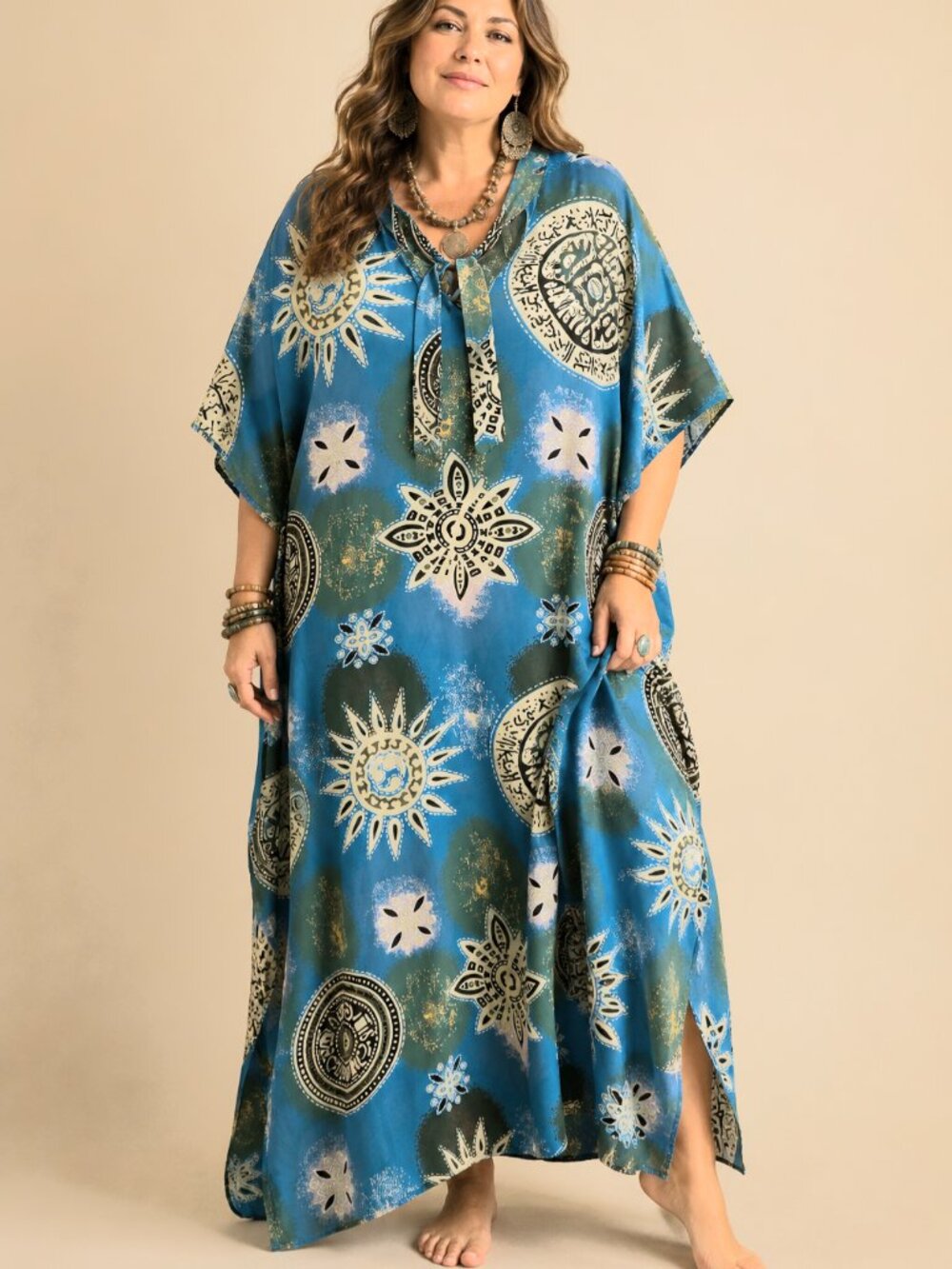 ASHRO Maxi Caftan Celestial Print Blue & Green Pakistani Kaftan One Size